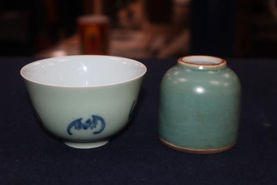 A Chinese blue and white tea bowl and a Chinese green glazed ink pot tallest 6cm